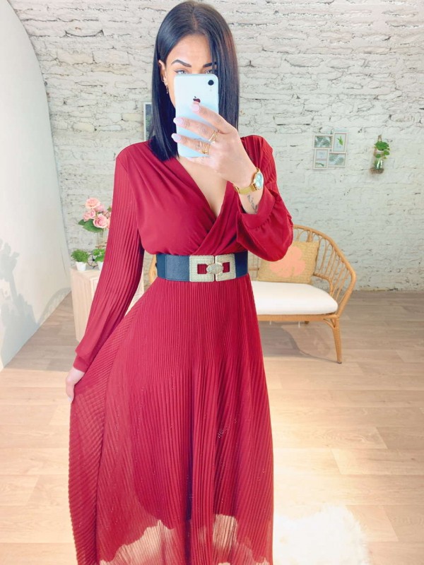 Robe longue plissé en rouge bordeaux 