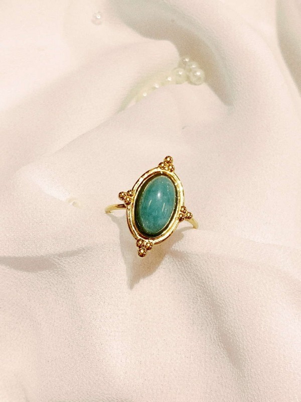 Bague en acier réglable OVAL avec perle vert turquoise 